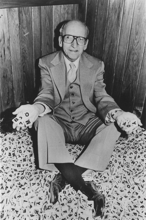 Alfred Butts at the Scrabble tile factory, 1985