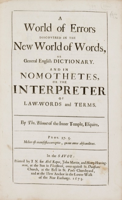 Title page of A World of Errors Discovered in the New World of Words by Thomas Blount, 1673